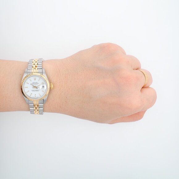 Rolex Ladies Datejust 26mm Two-Tone White Index Dial Fluted Jubilee Watch 69173